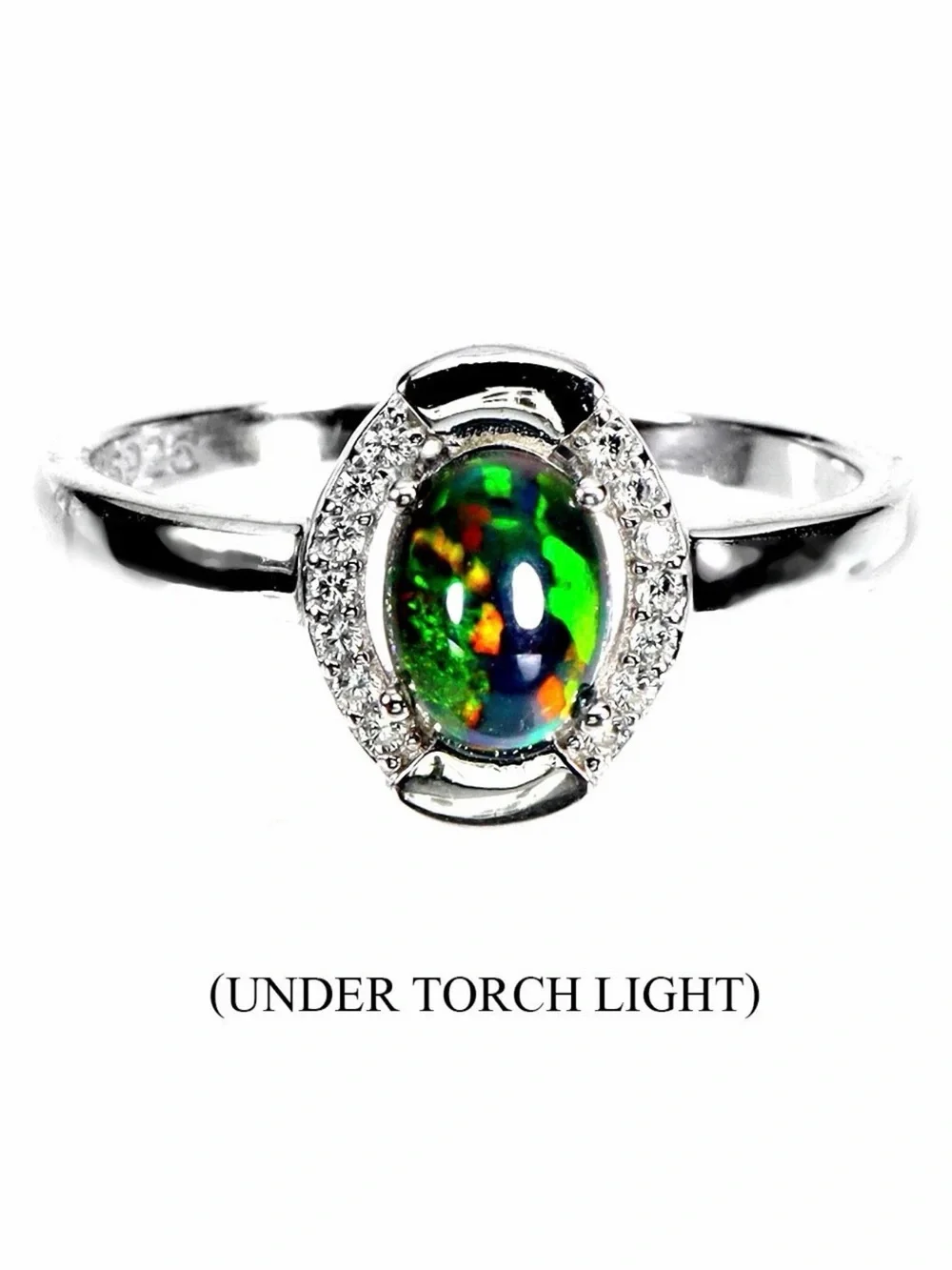 Stunning Natural Rainbow Black Opal with Zircon 925 Sterling Silver Ring Sz 8